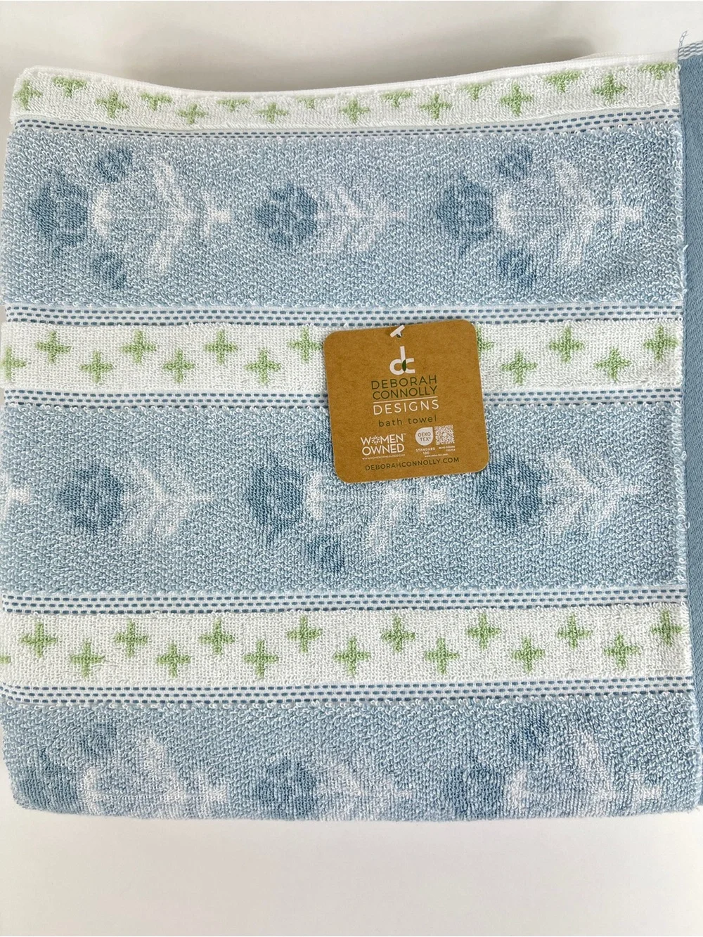 Deborah Connolly Bath Towels Blue White Green Floral Soft Cotton Blend 2 Pc NEW